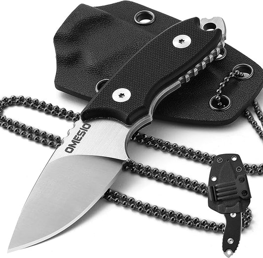 Omesio Neck Knife, 5.43" Neck Knife with Sheath and Necklace, Full Tang Small Fixed Blad Knife D2