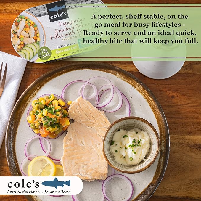 COLE’S - Patagonian Smoked Salmon Fillet with Vegetables| Ready to Eat Meal | 5.6 oz Canned & Hand-Packed | 19g Protein | High in Vitamin D | 24 pack