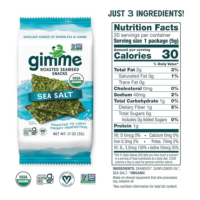 gimMe Organic Roasted Seaweed Sheets, Sea Salt, Keto, Vegan, Gluten Free, Great Source of Iodine and Omega 3?™s, Healthy On-The-Go Snack for Kids & Adults, #1 Sea Salt, 0.17 Ounce (Pack of 40)