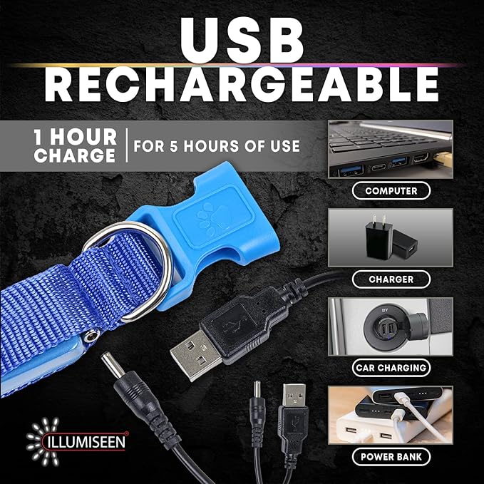 ILLUMISEEN LED Dog Collar USB Rechargeable | Bright & High Visibility Lighted Glow Collar for Pet Night Walking | Weatherproof, in 6 Colors & 6 Sizes (Yellow X-Large)