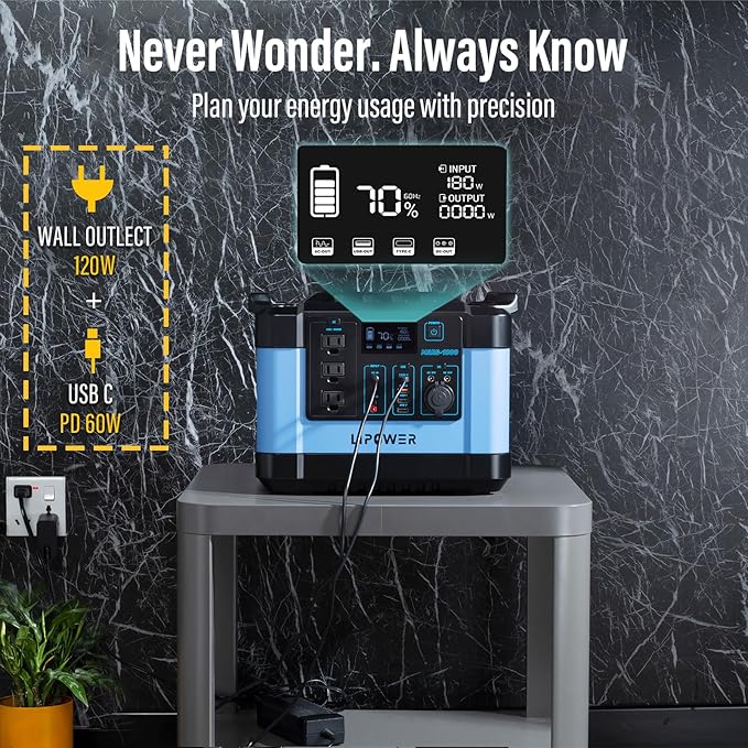 Lipower Power Station 1000W, 1120Wh LiFePO4 Battery Solar Generator for Camping, AC Outlets*3, PD 60W, Portable Power Station for Home Use, CPAP, Emergency-Blue
