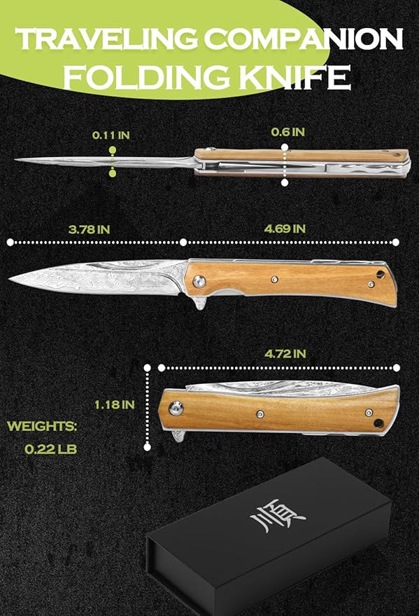 YOUSUNLONG Folding Knife Overall 215mm Camping Knife - Hammered Damascus Steel Blade - Natural Olive Wood Cover