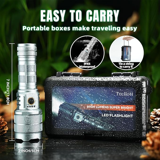 10000 High Lumens Flashlights LED Rechargeable Tactical Flashlight 5 Modes Zoomable Fast Charging IPX6 Waterproof Flash Light Super Bright Handheld Flashlights for Camping Outdoor and Gift