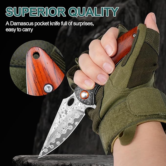 Damascus Pocket Knife, 3.27??Damascus Blade EDC Folding Knives with Guibourtia Wooden Handle, Christmas Ideal for Utility Gift