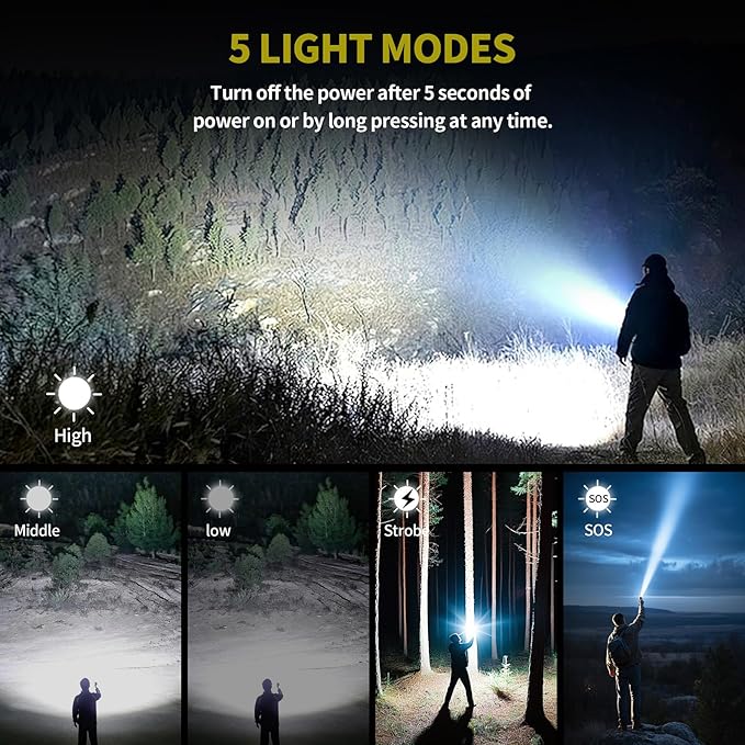 Tactical Flashlight High Lumens, 5000mAh USB-C Rechargeable, 3000lm Bright Flashlights 5000 FT Beam, 5 Modes, Zoomable, 7-32H Runtime, with Lens, for Camping, Hiking, Emergencies