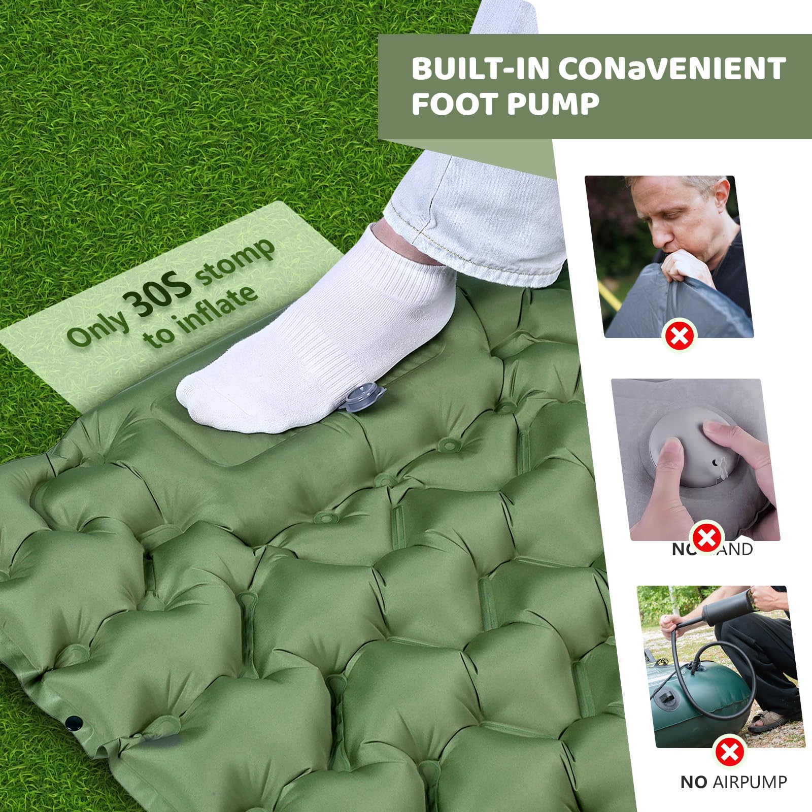 Yewkoisl Sleeping Pad,Inflatable Camping Mat with Pillow & Foot Pump-Green