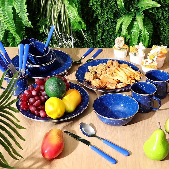 Nuogo 24 Pcs Enamel Camping Tableware Includes 12 oz Coffee Mugs 10.5 Inch Camping Plates 6 Inch Bowls and Utensils Set Includes Knife Fork Spoon for Outdoor RV (Blue)