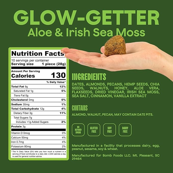 The Bomb Co. Blender Bomb, Glow Getter, Superfood Smoothie Supplement, Smoothie Mix with Flax, Hemp, Irish Sea Moss, & Amino Acids for Hair & Skin Support, Gluten Free, High Fiber, 10 Servings