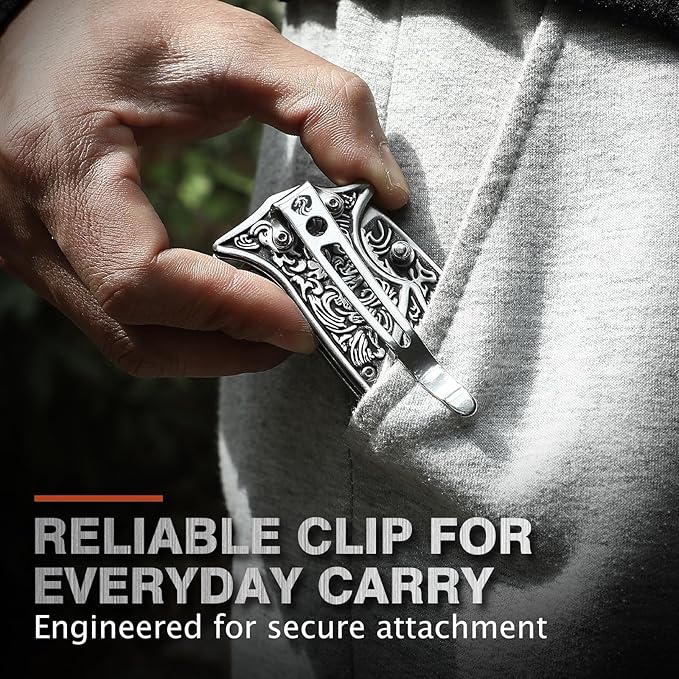 Pocket Knife with Sheath and Clip, 440C Stainless Steel Folding Knife 3D Retro Embossed Pattern, Gifts Christmas, Birthday, Father's Day (D-J37)