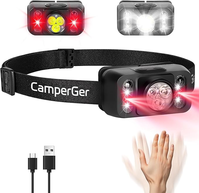 Headlamp Rechargeable with Red Light, LED Head Lamps High Lumens with Motion Sensor for Adults, Headlamp Super Bright Waterproof Head Lights Flashlight for Camping Trail Running Hiking Caving