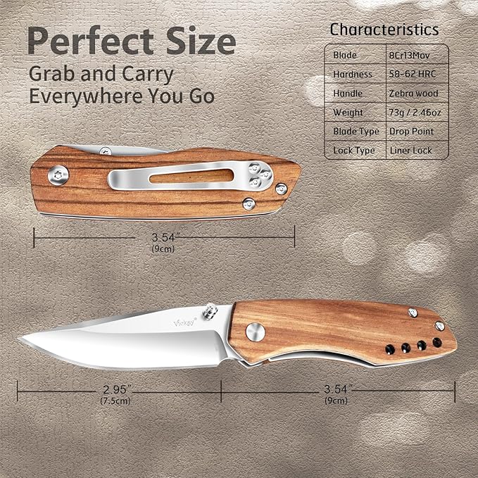 Vickay Folding Pocket Knife with Clip, 2.95" 8Cr13MoV Steel Blade, Wood Handle EDC Knife for Men & Women, Liner Lock Knife for Camping, Hunting, Tactical, Survival Father?˜s Day Gift