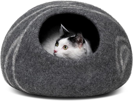 MEOWFIA Cat Cave – Premium Felt Cat Bed for Indoor Cats, Handmade 100% Merino Wool (Large, Dark Grey)