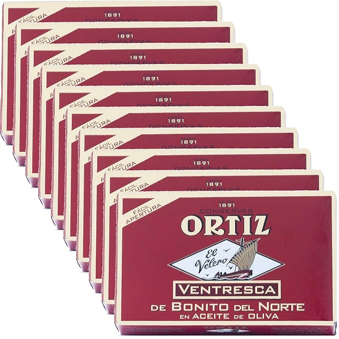 Ortiz Ventresca White Tuna Belly in Olive Oil, Tender Buttery Fillets with Exquisite Flavor, Superior Wild Caught Tuna Packed in Delicate Spanish Olive Oil, 3.88oz Can (Pack of 10)