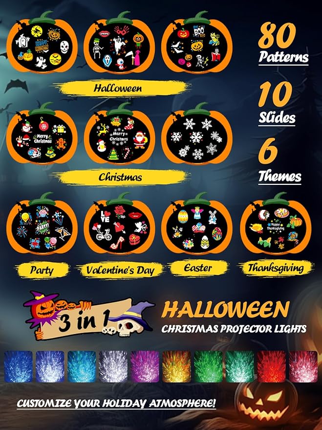 3-in-1 Halloween Projector Lights Outdoor, Anysun Brighter 80 HD Patterns Halloween Decor, 8-Pattern Ocean Wave Snowflake Starry Lights Show Christmas Projector Waterproof with Timer for House Party