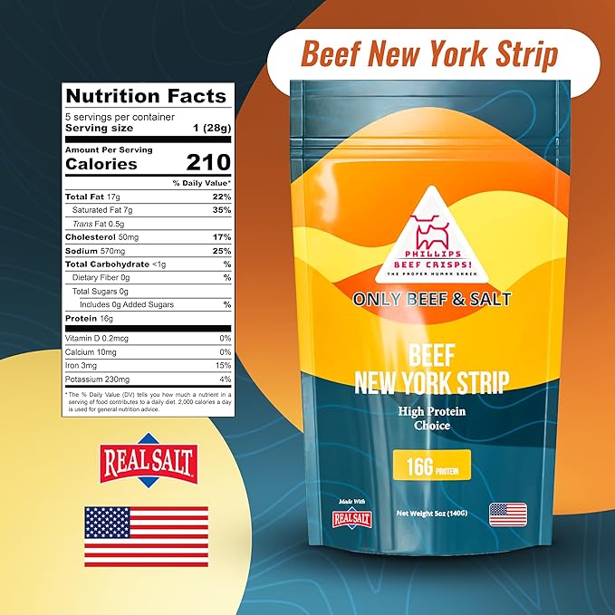Phillips Beef Crisps - NY Strip - Only Beef & Salt - Zero Carbs, Zero Sugar, High Protein Meat Snacks, 16g Protein
