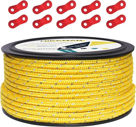 HIKEMAN 50m Reflective Guyline Solid Braid Nylon Camping Rope with Aluminum Adjuster Cord Tensioner Tent Accessory for Outdoor Travel,Hiking,Backpacking and Water Activities (Yellow, 5mm)