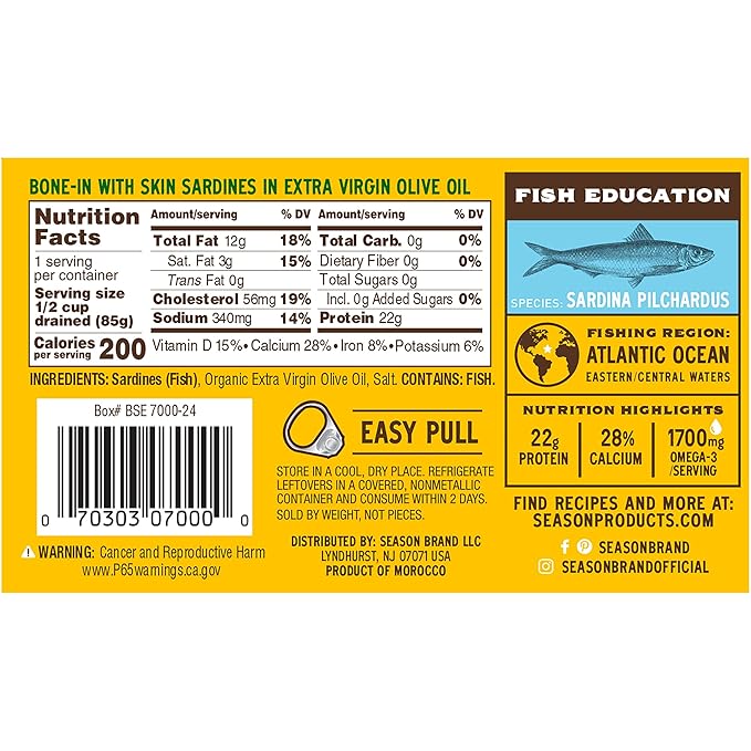 Season Sardines in Extra Virgin Olive Oil - Wild Caught, 22g of Protein, Keto Snacks, More Omega 3's Than Tuna, Kosher, High in Calcium, Canned Sardines - 4.37 Oz Tins, 24-Pack