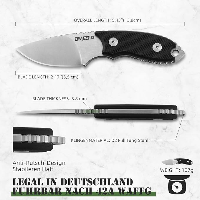Omesio Neck Knife, 5.43" Neck Knife with Sheath and Necklace, Full Tang Small Fixed Blad Knife D2 Steel 2.17-Inch Blade G10 Handle for Outdoor, Survival, Camping, Tactical