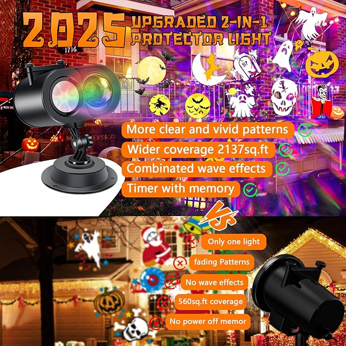 Halloween Projector Lights Outdoor, 2-In-1 HD Moving Pattern Holiday Projector Lights with Remote Control (12 Slides, 15 Colors), Three Fixing Methods, IP65 Waterproof Halloween Decorations with Timer