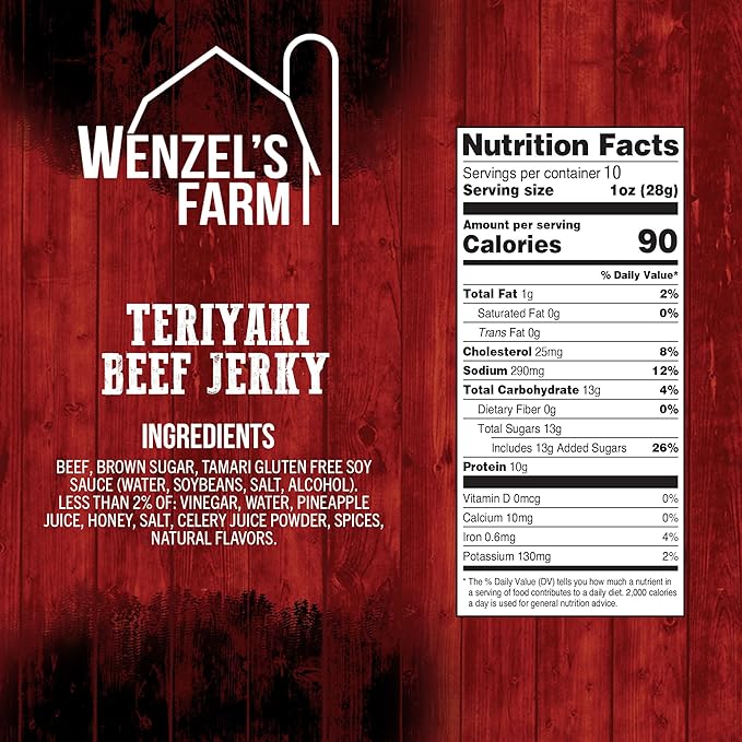Wenzel's Farm Teriyaki Beef Jerky 10 oz. | Value Pack | Naturally Smoked | No MSG, Fillers, Binders, Artificial Colors | Gluten Free