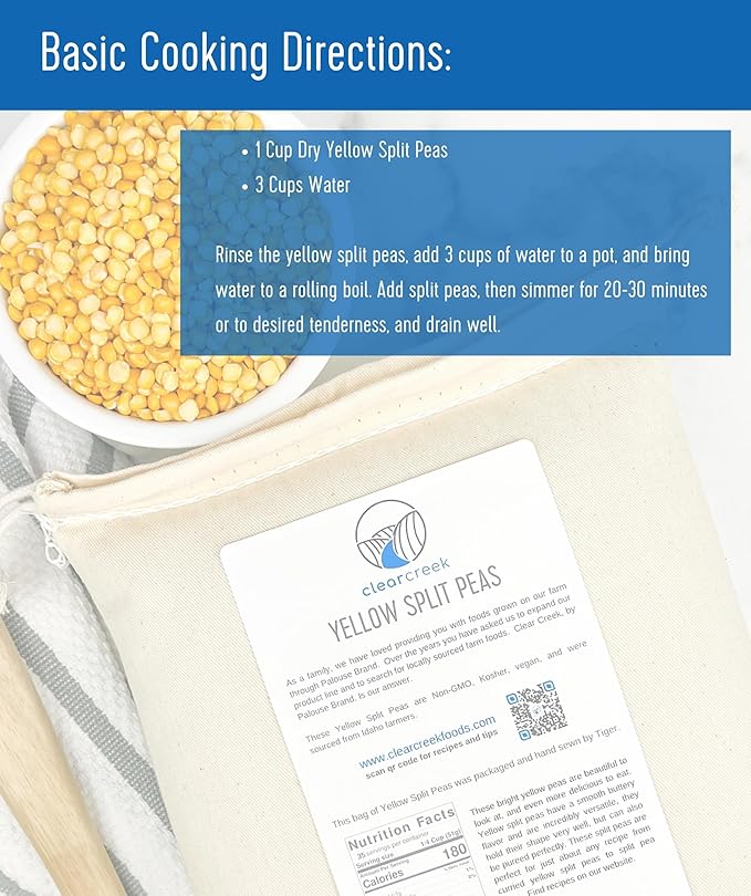 CLEAR CREEK Certified Glyphosate Residue Free Yellow Split Peas | 25 lb Bucket | Non-GMO | Kosher | Vegan | Dried | Emergency Food | Non-Irradiated