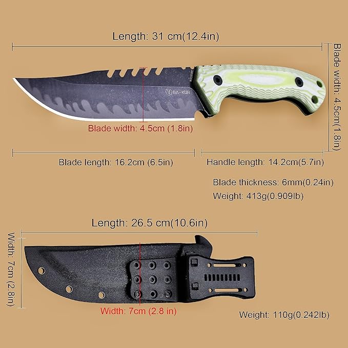 BA-KOR 12.4in Full Tang Fixed Blade Hunting Knife ??6mm 9CR18MoV Steel, G10 Handle, Stonewashed Sawback Blade with Kydex Sheath & Fire Starter for Outdoor, Camping, Survival (White with light green stripes)
