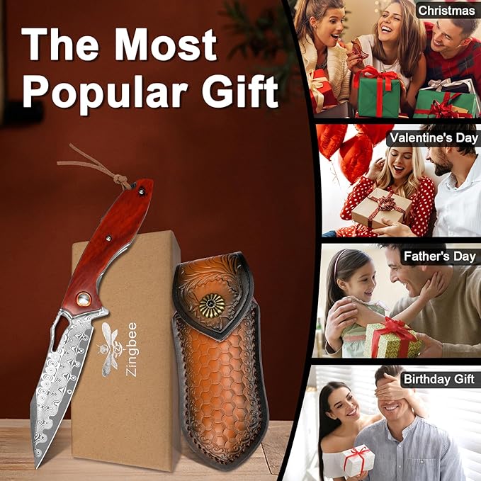 Damascus Pocket Knife 3.5" Damascus Steel Blade Foldable Knives with Wooden Handle EDC Camping Folding Knives for Outdoor Men Women Christmas Birthday Gifts