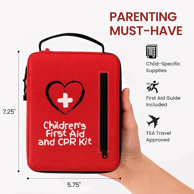 Portable First Aid Kit for Kids with CPR Shield - Ideal for Home, Car, School, Camping, and as a Travel First aid kit. Latex-Free Bandages ??Children First Aid Guide by The Life Safety Pro