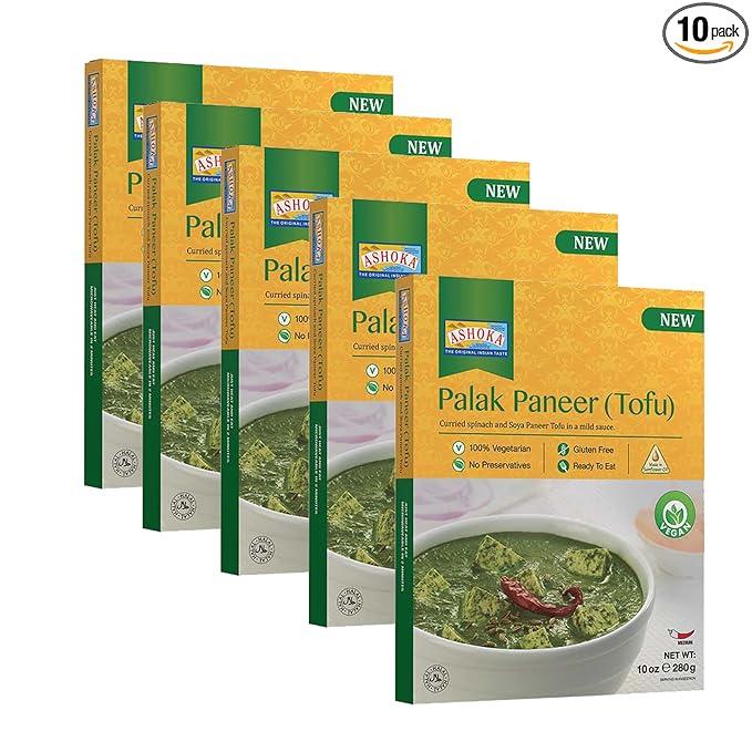 Ashoka Entrees 1932, Plant-Based Tofu & Spinach Curry, All-Natural, Ready to Eat Meals, Palak Paneer, Kosher Certified, Great for Offices, Instant Meals with No Preservatives, Pack of 10