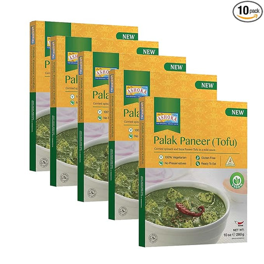 Ashoka Entrees 1932, Plant-Based Tofu & Spinach Curry, All-Natural, Ready to Eat Meals, Palak Paneer, Kosher Certified, Great for Offices, Instant Meals with No Preservatives, Pack of 10