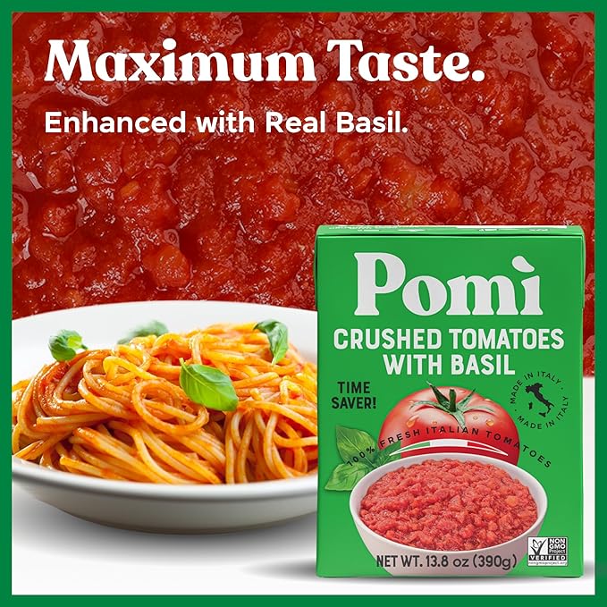 Pomì Crushed Tomatoes with Basil - Creamy, Velvety Italian Sauce, No Salt, Additives/Preservatives, GMO-Free, Gluten-Free, 100% Fresh Tomatoes, 13.8oz (Pack of 12)