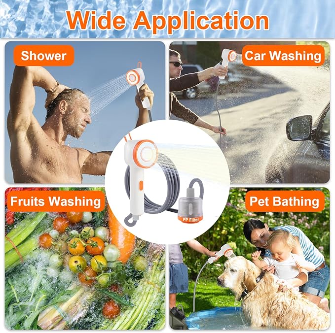 Portable Camping Shower Head with Filter Function, Handheld Electric Shower Head with LED Light and USB-C, Integrated Design of Water Pump with Filtration, Outdoor Camp, RV, Travel, Indoors