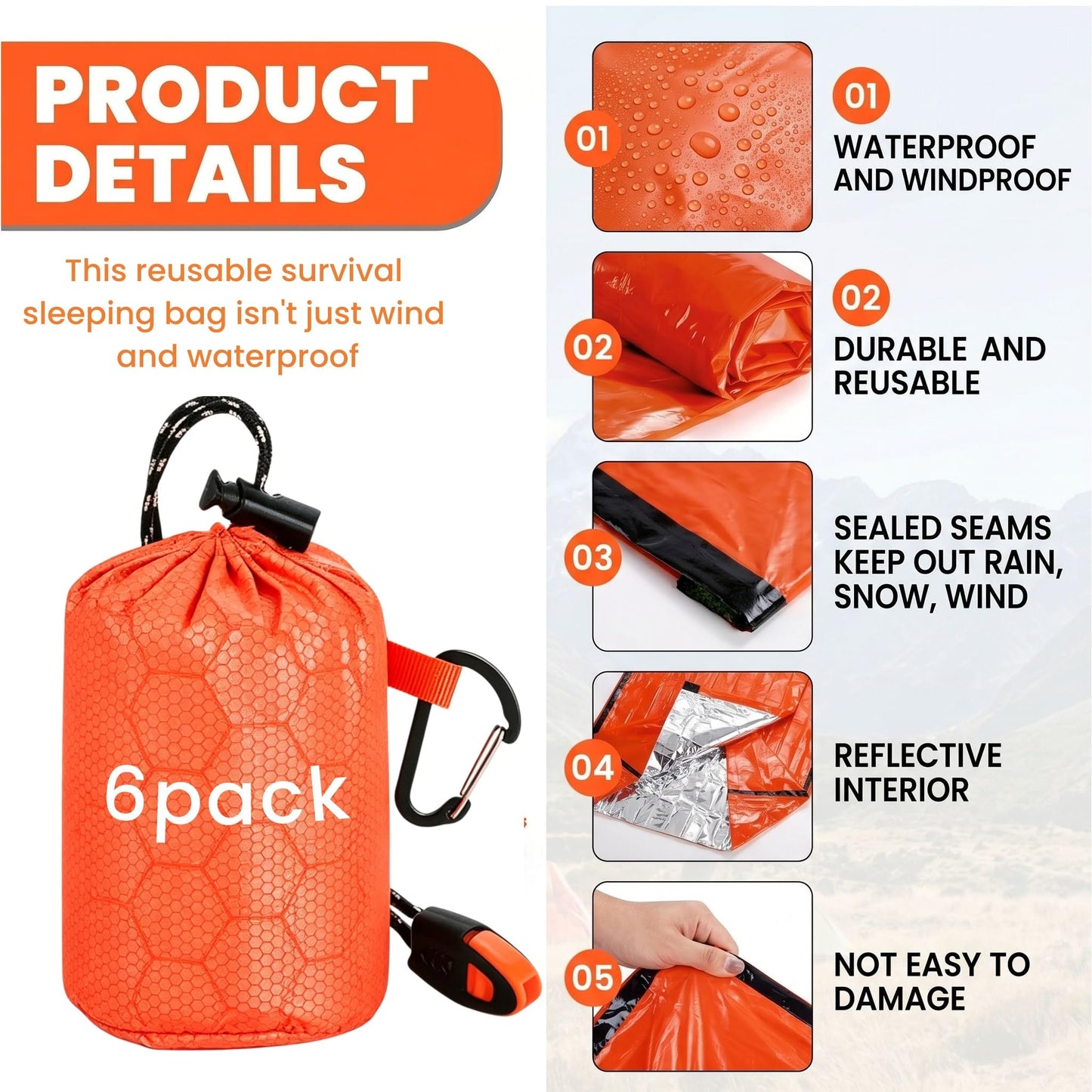 Noamus 6 Pack Emergency Survival Sleeping Bags, Thermal Bivy Sack Blanket, Lightweight Portable