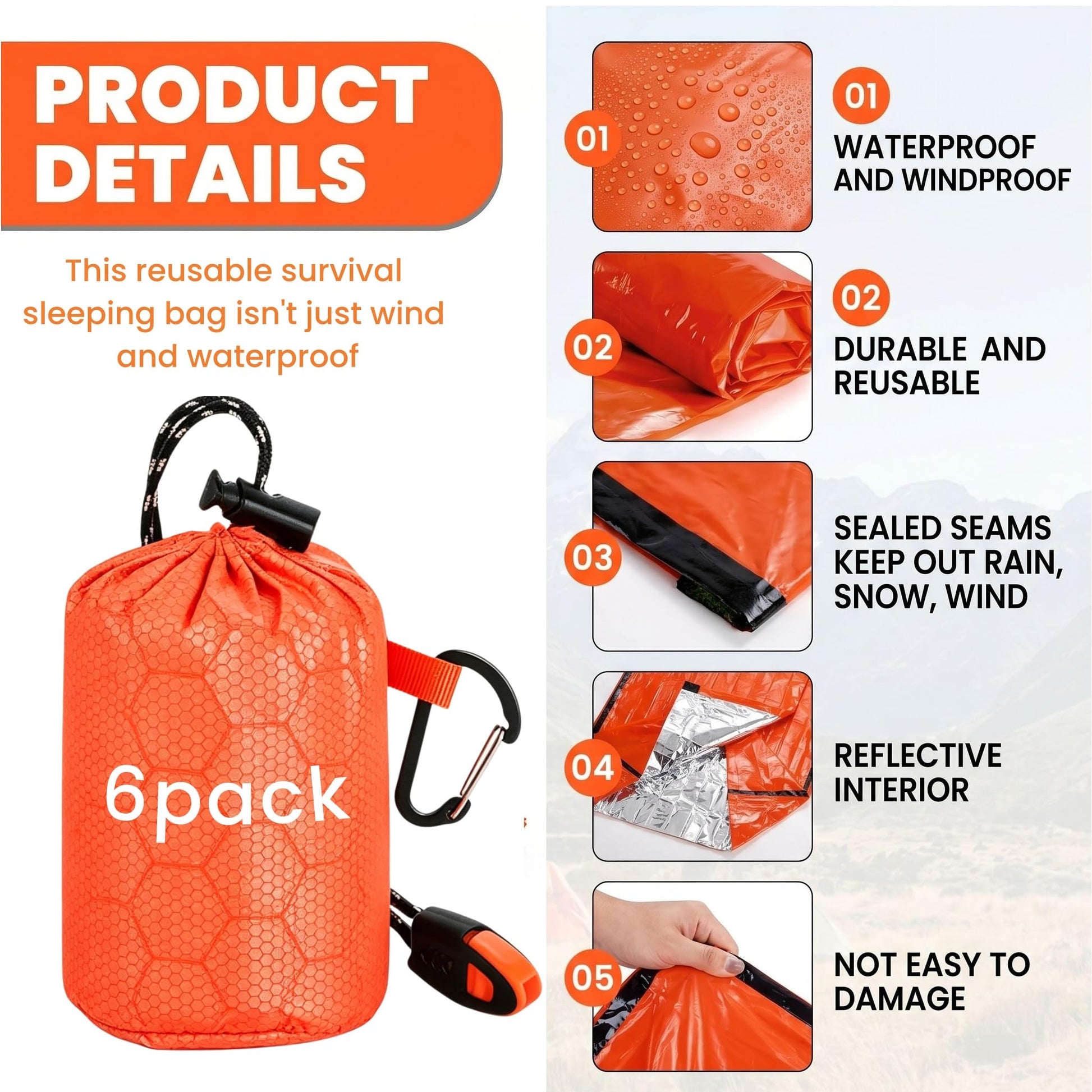 Noamus 6 Pack Emergency Survival Sleeping Bags, Thermal Bivy Sack Blanket, Lightweight Portable