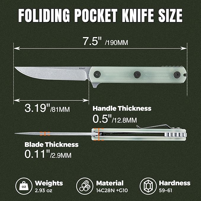 Folding Pocket Knife, 3.19” 14C28N Steel Blade G10 Handle Praxis Small Flipper Liner Lock EDC Folding Knife, Sharp Survival Camping Hiking Hunting Tactical Knives for Men (Translucent Green)