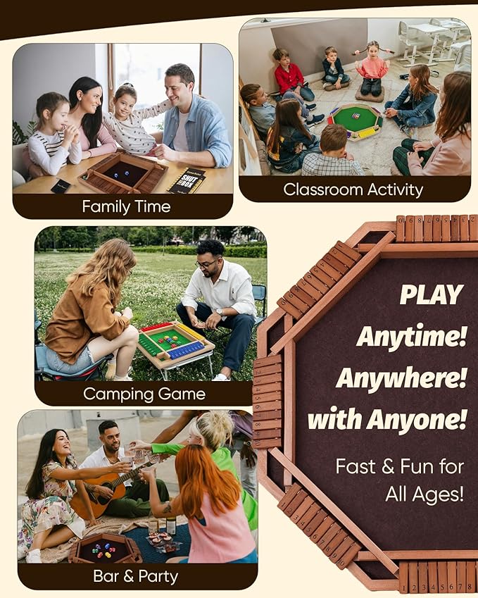 14" Deluxe Shut The Box Game, Math Dice Board Game for Family Night Classroom Travel, Wooden Table for Group Kid Adult Senior, Travel Party Bar, Easy Quick and Fun, 2-4 Players