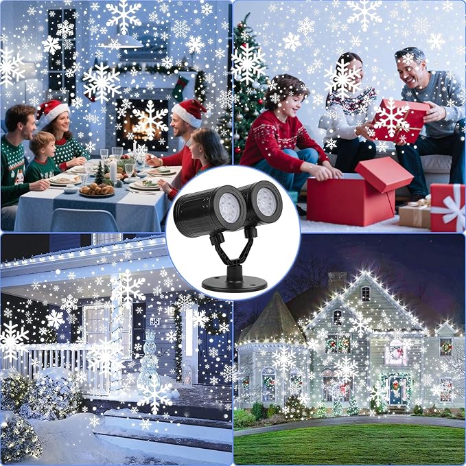 Christmas Snowflake Projector Lights Outdoor Waterproof 2025 Upgraded Double Head Dynamic Rotating Snowflake Projector for Halloween Xmas Holiday Party Gardens Wall Decoration