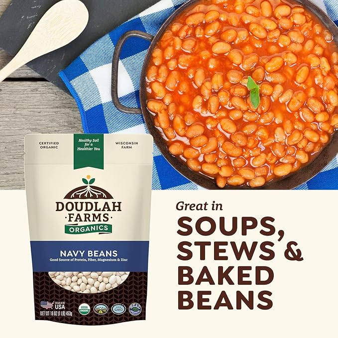 Organic Navy Beans 1 lb - Non-GMO, USDA Organic, Tested Clean Certified, Vegan - Rich in Fiber & Protein for Soups, Burritos, Salads & Chili - Grown In USA, Farmed From Regenerative Soil by Doudlah Farms