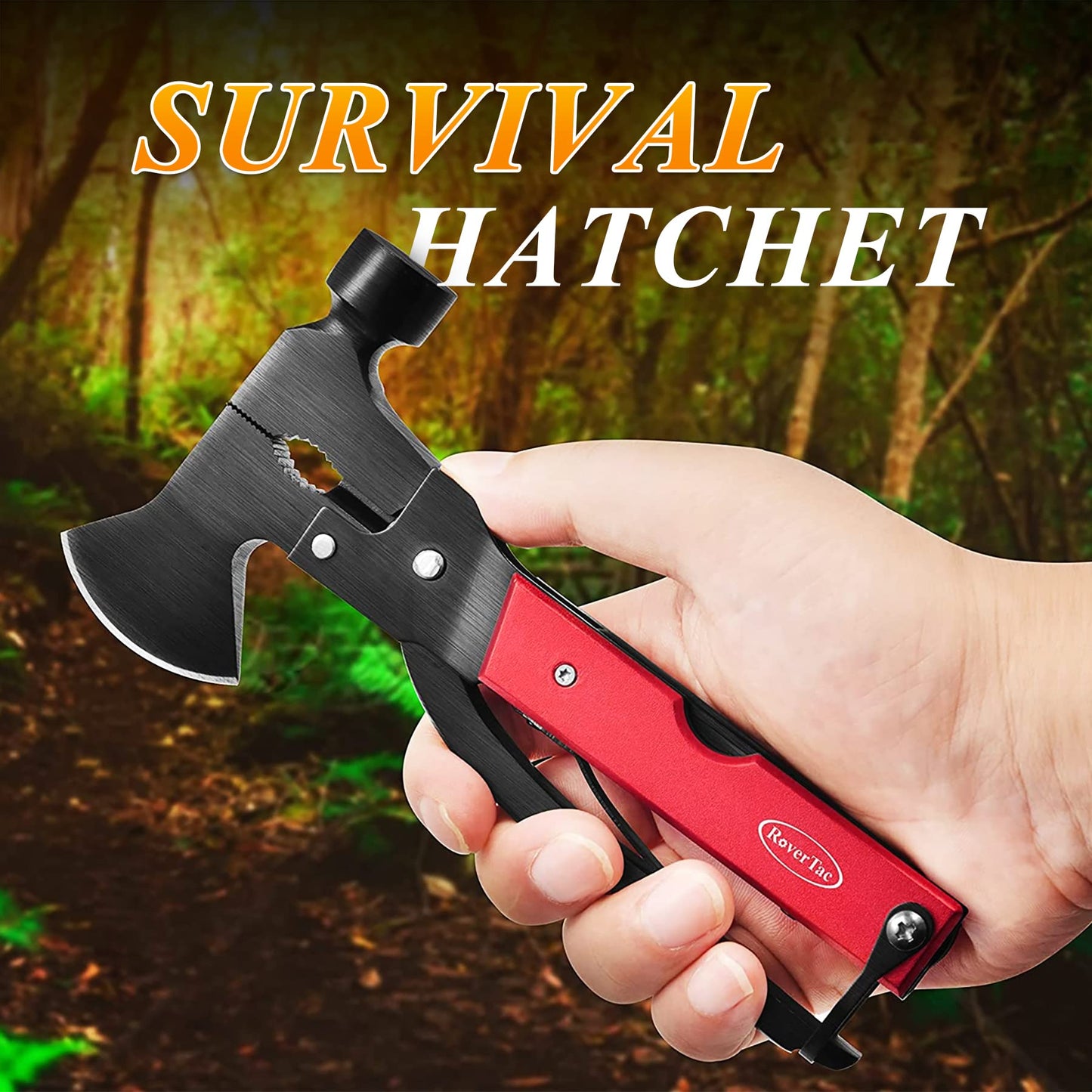 RoverTac 14-in-1 Multitool Camping Axe Hatchet – Essential Camping Gear with Knife, Hammer, Saw