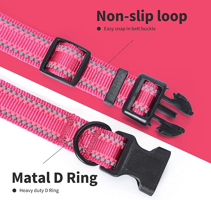Mile High Life Reflective Dog Collar, Basic Dog Collars Adjustable Quick Release, Soft Nylon Pet Collar with Metal D-Ring for Small Medium Large Dogs (Pink, M Neck13-17")