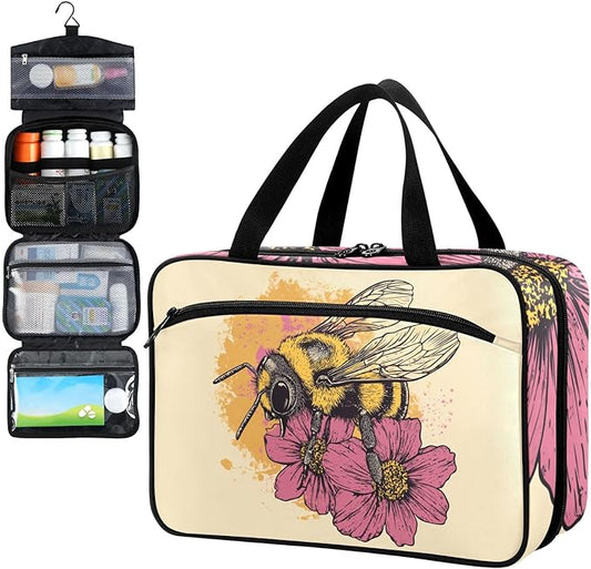 Fustylead Vintage Bee and Flowers Travel Medicine Storage Bag Large Household Pill Bottle Organizer with Zipper for First Aid, Pills, Vitamins, Medical Supplies