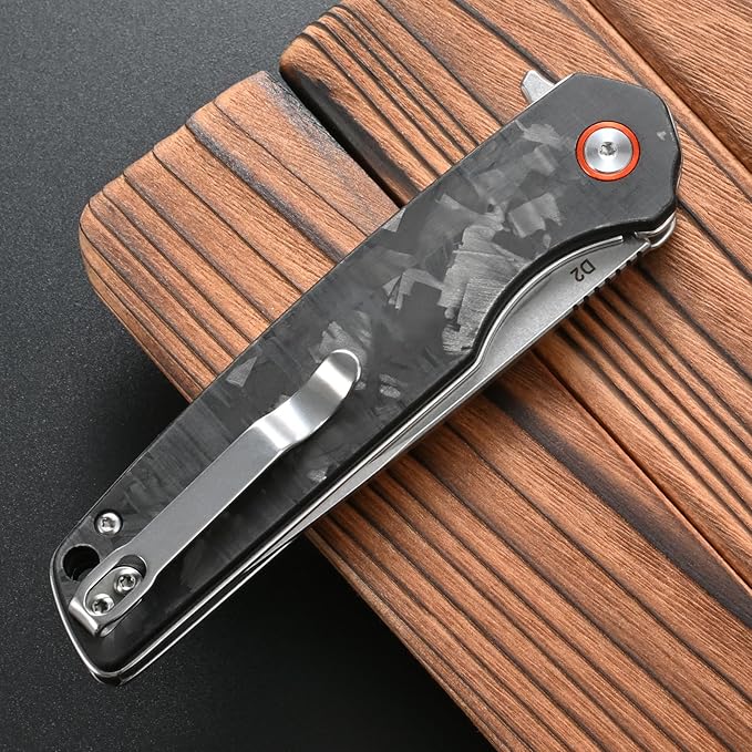 FF19 Folding Pocket Knife，D2 Steel Blade Carbon Fiber Handle EDC Tool Knife for Outdoor Camping Hunting Fishing Working(Black)