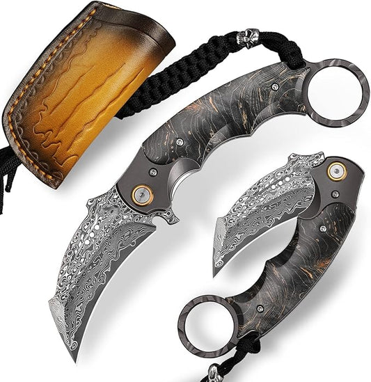 Handmade Damascus steel Folding Pocket EDCKnife，with cowhide sheath And pocket clipï¼?.8in blade Claw Hawkbill Folding Knife，Lining lock, wooden handle，Outdoor survival first-aid camping knife