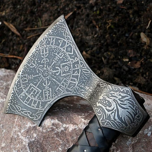 SHINY CRAFTS- Axes Berserker Axe Hatchet Tomahawk Battle Axe-27 Long Axe Fenrir Axe Mythology Axe Hand Forged Axe, Handmade Axe, Axe Gift Decorative Axe with Genuine Leather Sheath (VBA-0012)