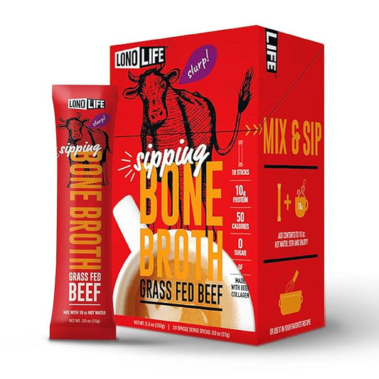 LonoLife Beef Bone Broth Powder Mix | Grass-Fed, 10g Protein | Collagen-Rich, Keto & Paleo Friendly | Natural Ingredients | 10 Portable Stick Pack Servings
