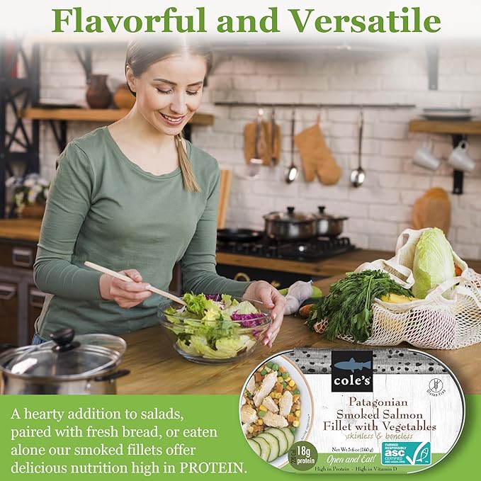 COLE’S - Patagonian Smoked Salmon Fillet with Vegetables| Ready to Eat Meal | 5.6 oz Canned & Hand-Packed | 19g Protein | High in Vitamin D | 12 pack