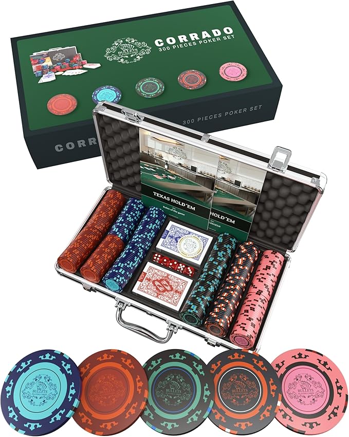 Bullets Poker Set ??with Case, Chips and Cards ??Deluxe Chip Set, Ideal for Casino Games, Prominence Poker and More, This Sets Also Comes with a Case, 300 Clay Chips Corrado, No Values.