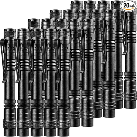 Beieverluck 20 Pack Pen Light Flashlight Mini Small Flashlight with Clip Waterproof LED Pocket Pen Flashlights for Camping, Inspection, Work, and Emergency(Large,Black)