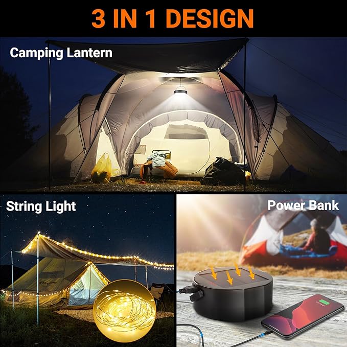 Camping String Light, Solar String Light with Camping Lantern (3 in 1 Design), Rechargeable and Portable for Camping,Emergency, Hiking.