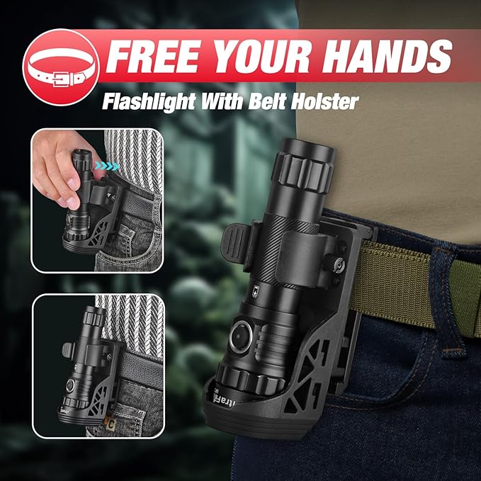 ULTRAFIRE Tactical Flashlight with Holster, 1200 High Lumen Police Flashlight with Holster for Duty Belt, Law Enforcement Flashlights with Belt Holder, Rechargeable Small LED Flash Light UF3
